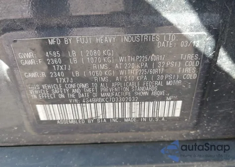 2013 Subaru Outback 2.5I Limited z USA, uszkodzony, nr VIN 4S4BRBKC7D3302032